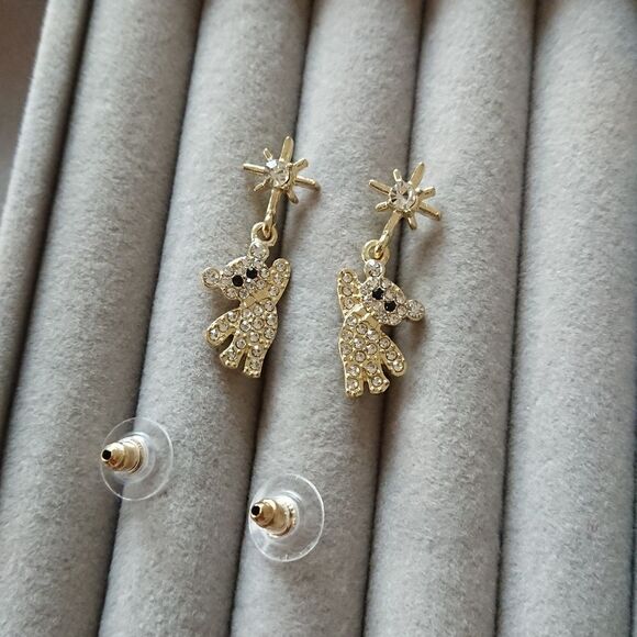 Cute bear dangling Cubic Zirconia Stud Earrings - Gold tone - Picture 3 of 7